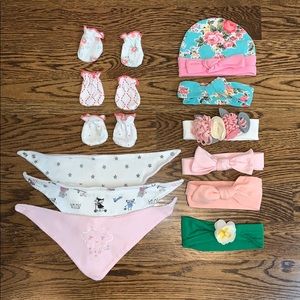 Baby girl headbands, handkerchiefs, mittens & hat